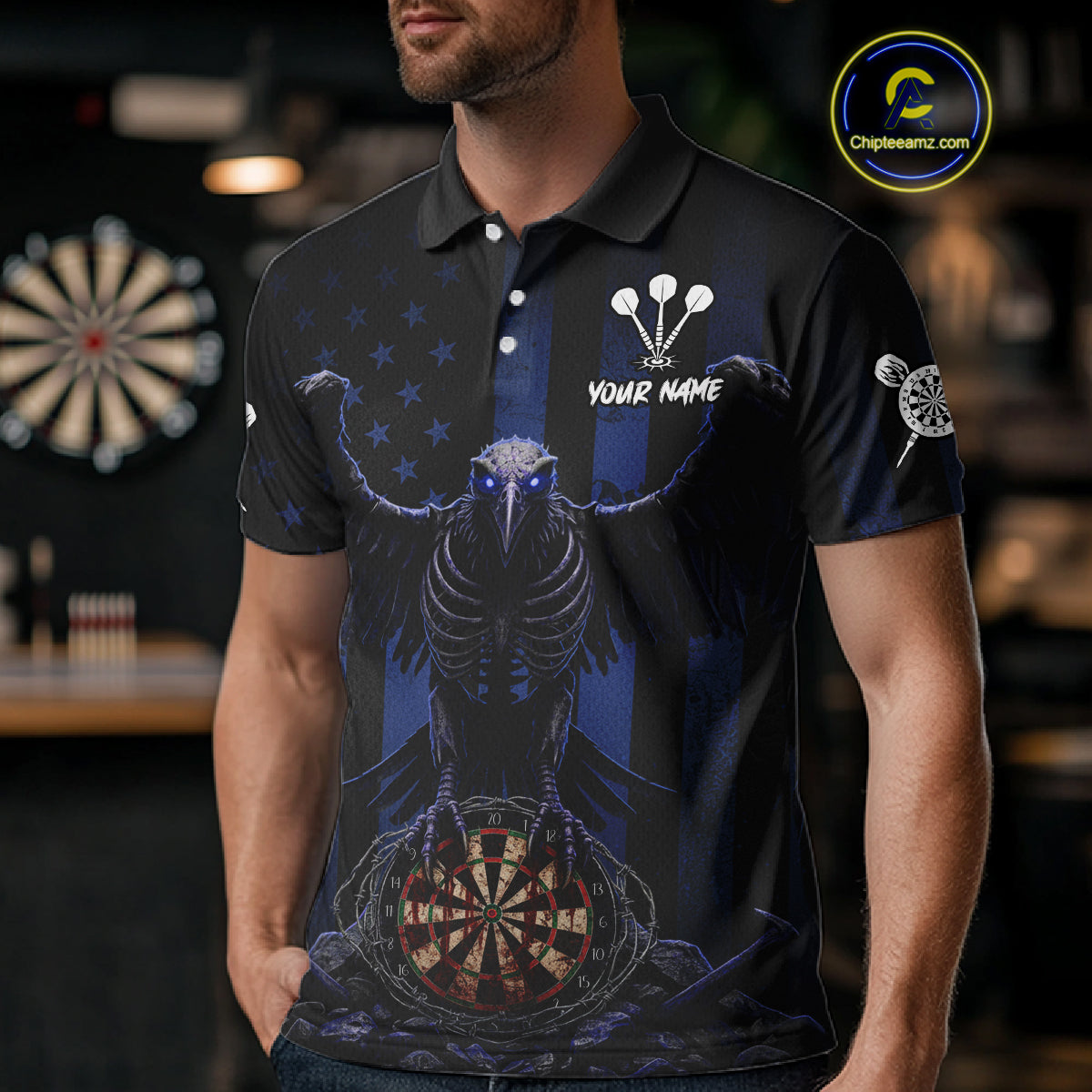 Blue Gothic Eagle Skull Dartboard Custom Men Darts Polo Shirt Grunge US Flag Dart Jerseys NYN1944
