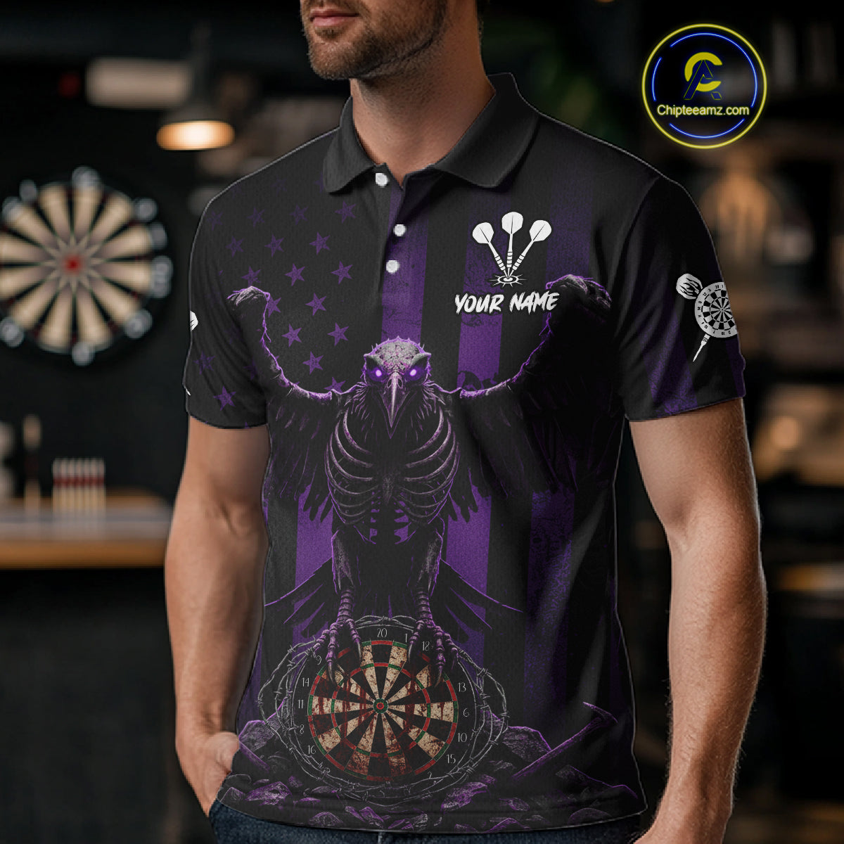 Purple Gothic Eagle Skull Dartboard Custom Men Darts Polo Shirt Grunge US Flag Dart Jerseys NYN1945