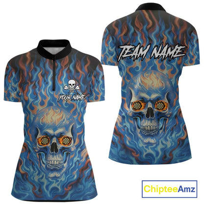 Custom Blue Fire Flaming Skull Dartboard Women Darts Quarter-Zip League Shirts Outfits Dart Jerseys NYN2207