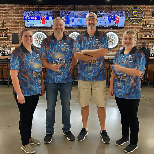 Custom Blue Fire Flaming Skull Dartboard Women Darts Quarter-Zip League Shirts Outfits Dart Jerseys NYN2207