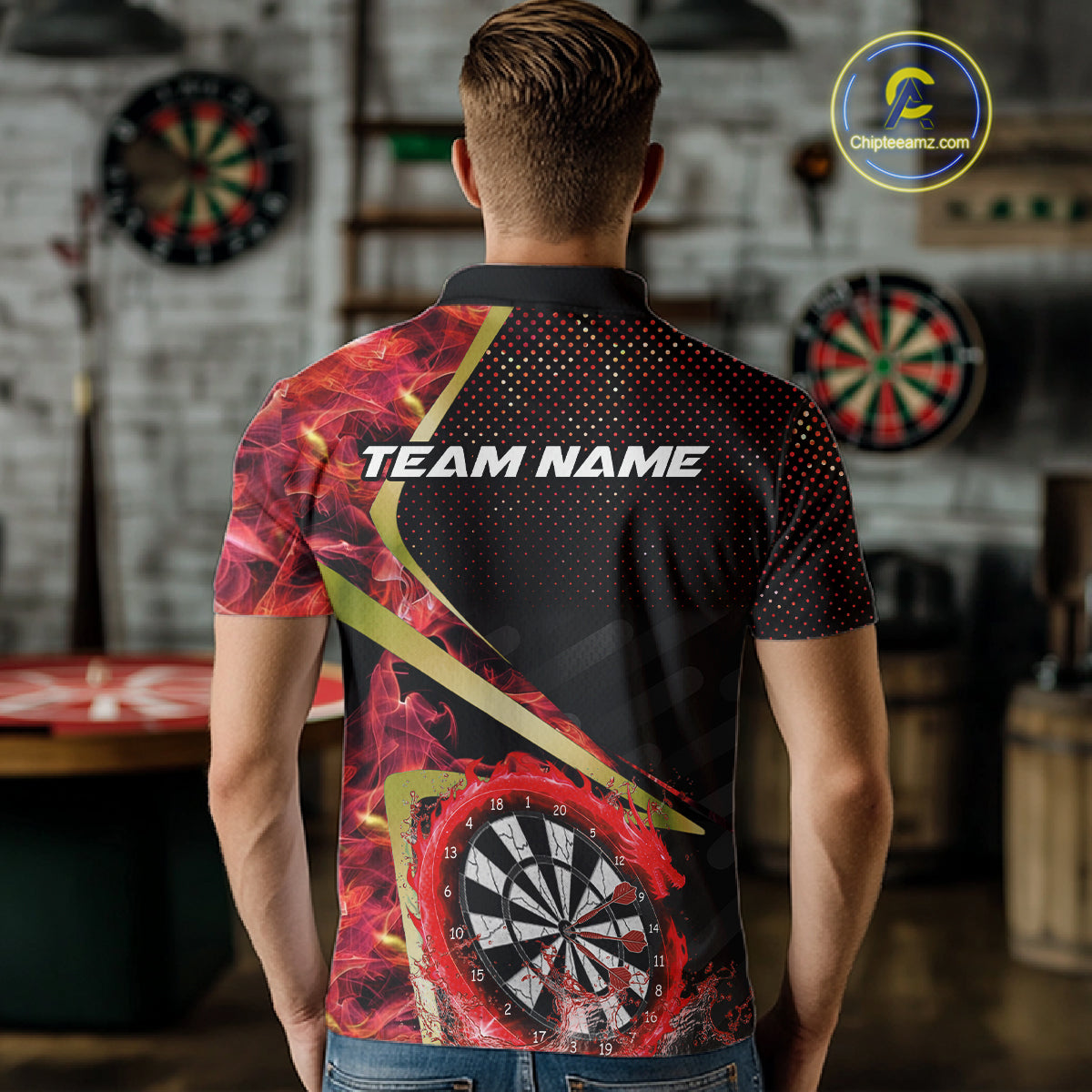 Custom Red Flames Dragon Dartboard Halftone Dart Men Polo Jerseys Gold Dart Team Shirt NYN1692