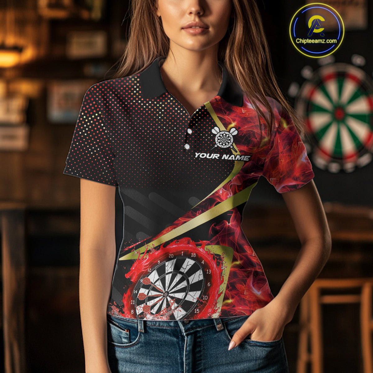 Custom Red Flames Dragon Dartboard Halftone Dart Women Polo Jerseys Gold Dart Team Shirt NYN1692
