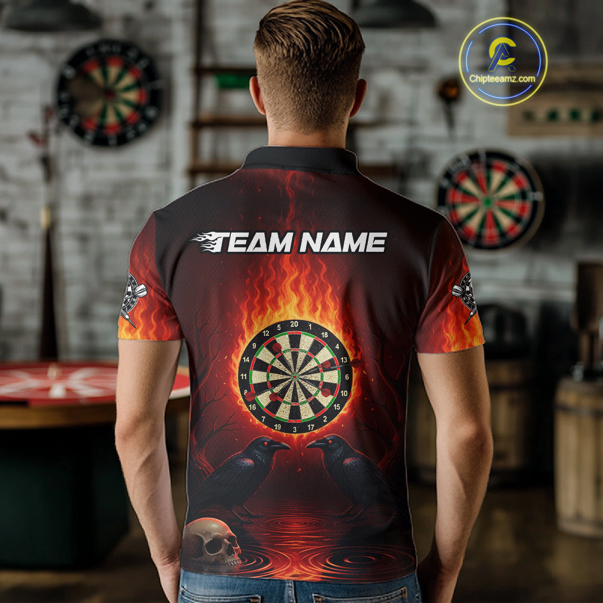Custom Flames Dartboard Skull Dart Men Polo Jerseys Gothic Raven Dart Team Shirt NYN1706
