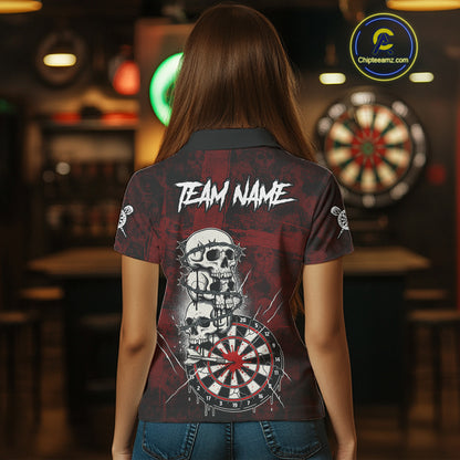 Custom Red Grunge Barbed Wire Grey Skull Dartboard Men Darts Polo Shirt Dart Jerseys NYN1977