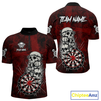 Custom Red Grunge Barbed Wire Grey Skull Dartboard Men Darts Polo Shirt Dart Jerseys NYN1977