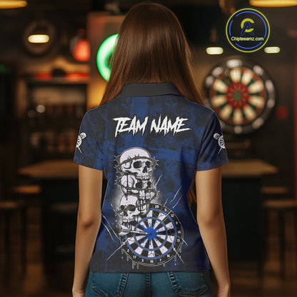 Custom Blue Grunge Barbed Wire Grey Skull Dartboard Men Darts Polo Shirt Dart Jerseys NYN1978
