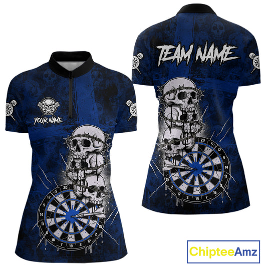 Custom Blue Grunge Barbed Wire Grey Skull Dartboard Men Darts Polo Shirt Dart Jerseys NYN1978