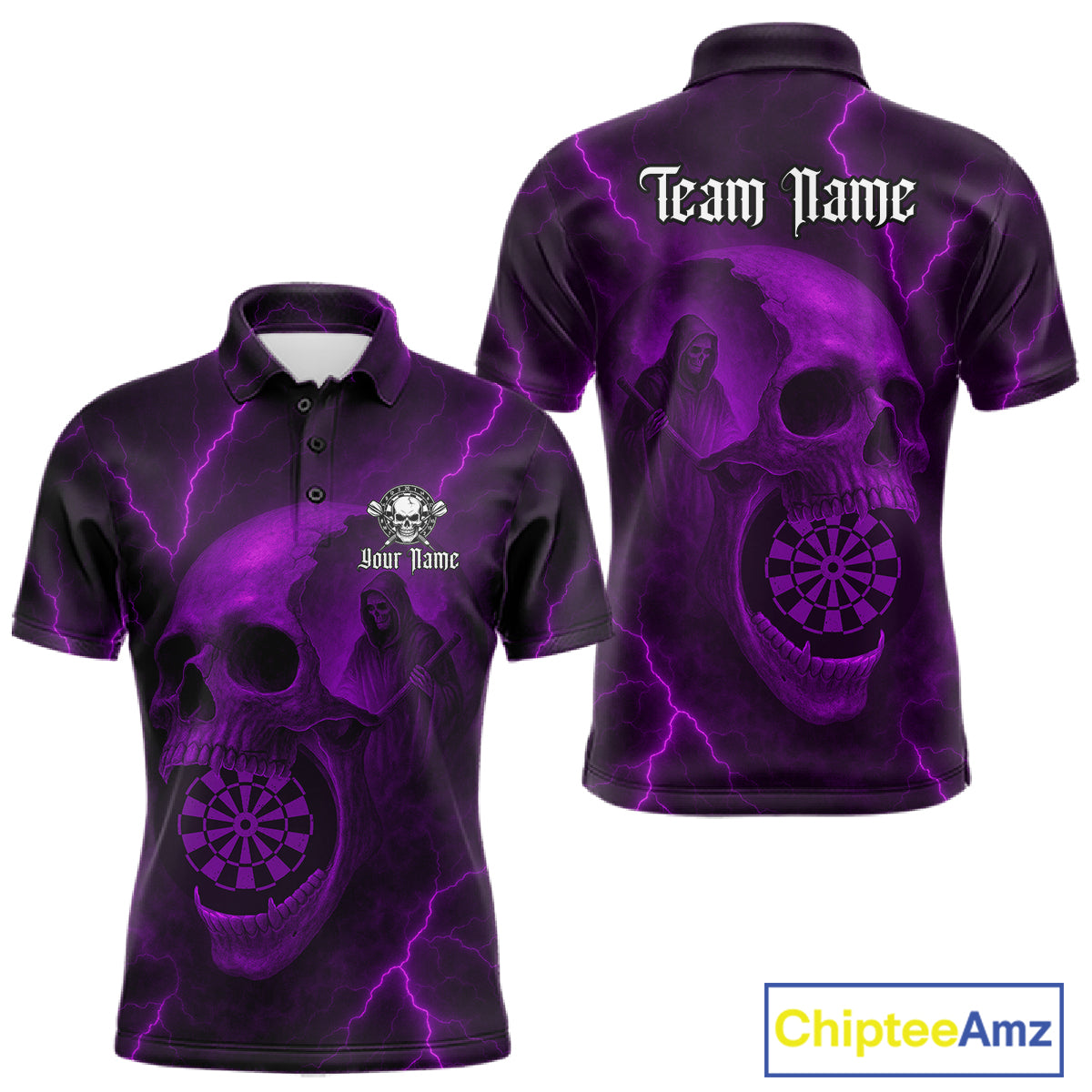 Custom Lightning Purple Grim Reaper Dartboard Men Dart Polo Shirt Skull Dart Team Jersey NYN1445