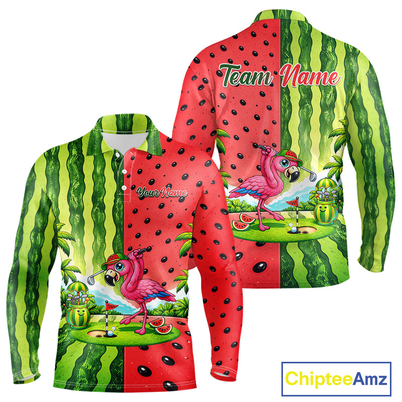 Flamingo Watermelon Polo Shirt Mens Golf Polo Shirts Custom Tropical Pattern Flamingo Golf Shirts NYN2878