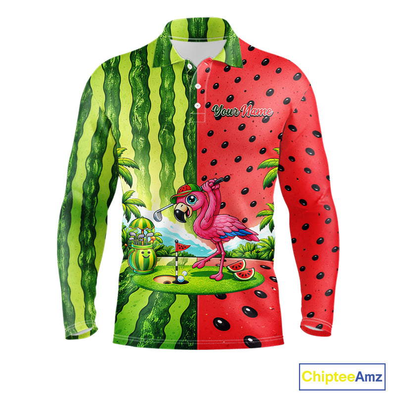 Flamingo Watermelon Polo Shirt Mens Golf Polo Shirts Custom Tropical Pattern Flamingo Golf Shirts NYN2878