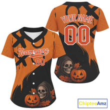 Load image into Gallery viewer, Custom Skeleton Pumpkin Baseball Halloween Shirt For Women Outfits Skull Baseball Jerseys NYN1469