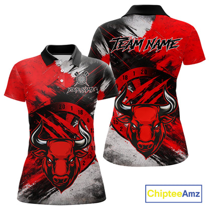 Custom Red Grunge Funny Bull Darts Polo & 1/4 Zip Shirt For Women Bull Darts Team Jerseys NYN2890