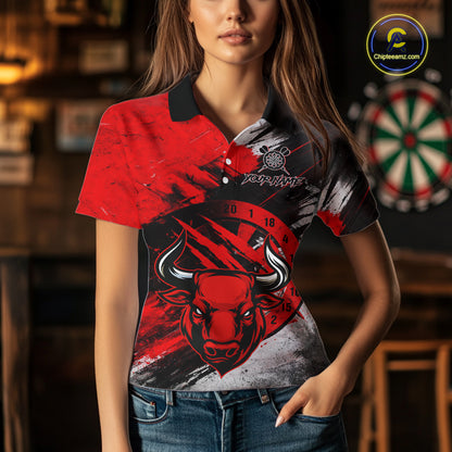 Custom Red Grunge Funny Bull Darts Polo & 1/4 Zip Shirt For Women Bull Darts Team Jerseys NYN2890