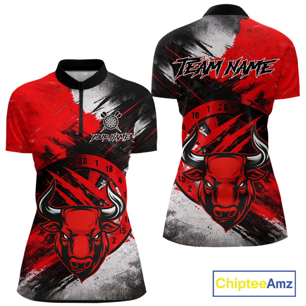 Custom Red Grunge Funny Bull Darts Polo & 1/4 Zip Shirt For Women Bull Darts Team Jerseys NYN2890