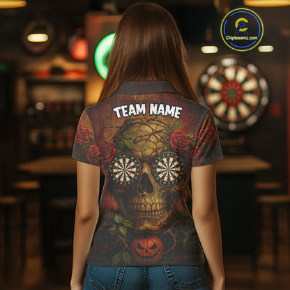 Custom Red Roses Skull Halloween Dart Polo Shirt For Women Grunge Dart Team Jersey NYN1474