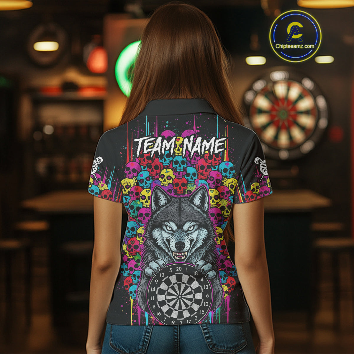 Multi-Color Skull Funny Wolf Dartboard Custom Darts Polo Shirt For Women Dart Team Gifts NYN2000