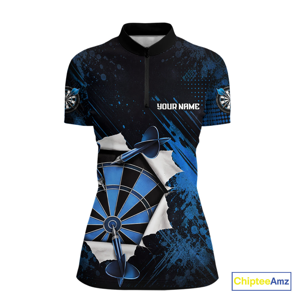 Custom Grunge Blue Torn Darts Polo & Quarter-Zip For Women Blue Spatter Outfit Dart Team Jerseys NYN2903