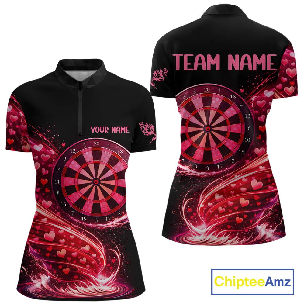 Funny Pink Hearts Tornado Dartboard Women Darts Valentine Shirt Custom Dart 1/4-Zip Couple Gifts NYN2536