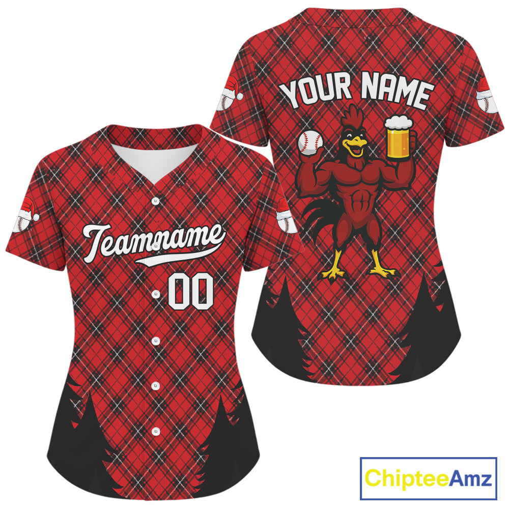 Custom Red Caro Funny Rooster Baseball Christmas Shirt For Women Xmas Funny Baseball Jerseys NYN1501