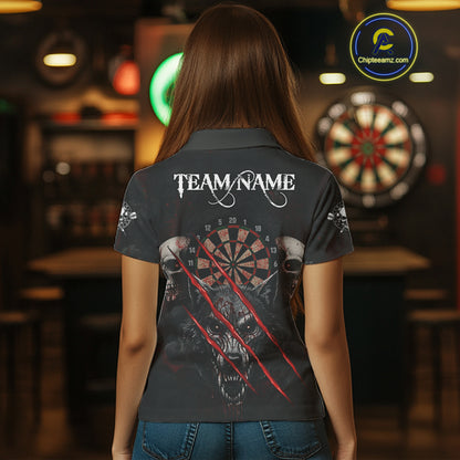 Red Blood Scratch Wolf Women Darts Polo Shirt Custom Name & Team Skull Dart League Shirt NYN2054