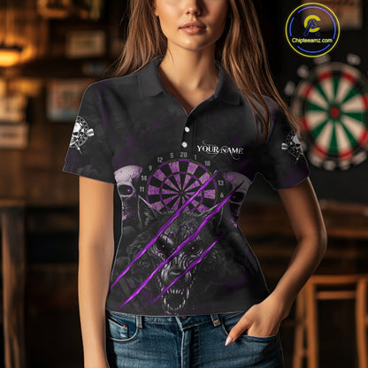 Purple Blood Scratch Wolf Women Darts Polo Shirt Custom Name & Team Skull Dart League Shirt NYN2055
