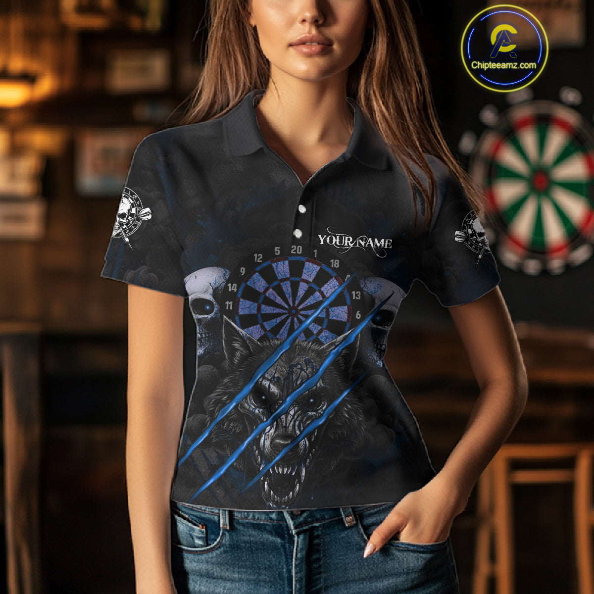 Blue Blood Scratch Wolf Women Darts Polo Shirt Custom Name & Team Skull Dart League Shirt NYN2056