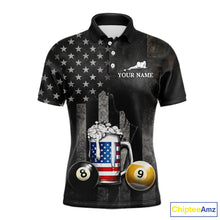 Load image into Gallery viewer, Grunge US Flag Beer Pool 8 Ball &amp; 9 Ball Men Billiard Shirt Custom Patriotic Billiard Team Attire NYN2560