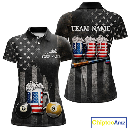 Grunge US Flag Beer Pool 8 Ball & 9 Ball Women's Billiard Shirt Custom Patriotic Billiard Team Attire NYN2560