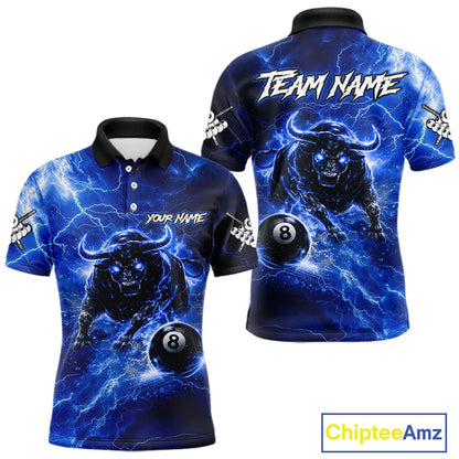 Thunder Lightning Blue Funny Bull 8 Ball Pool Men Billiard Shirt Custom Billiard Team Attire NYN2732