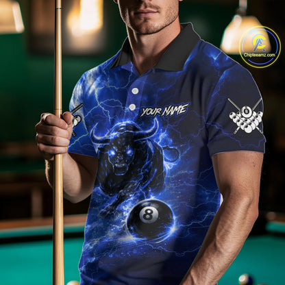Thunder Lightning Blue Funny Bull 8 Ball Pool Men Billiard Shirt Custom Billiard Team Attire NYN2732