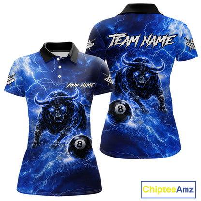 Thunder Lightning Blue Funny Bull 8 Ball Pool Women Billiard Shirt Custom Billiard Team Attire NYN2732