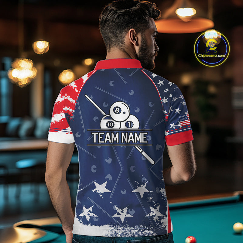 Blue Red Grunge US Flag 8 Ball Pool Men Billiard Ball Cue Shirt Custom Patriotic Billiard Team Attire NYN2734