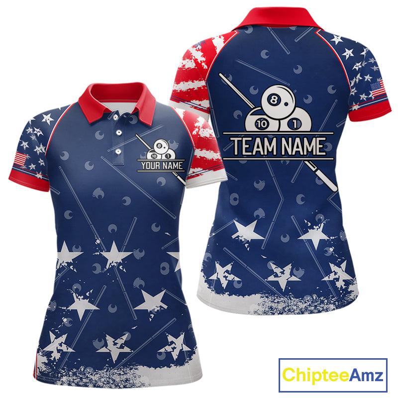 Blue Red Grunge US Flag 8 Ball Pool Women  Billiard Ball Cue Shirt Custom Patriotic Billiard Team Attire NYN2734