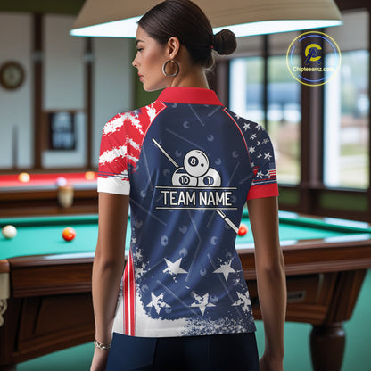 Blue Red Grunge US Flag 8 Ball Pool Women  Billiard Ball Cue Shirt Custom Patriotic Billiard Team Attire NYN2734