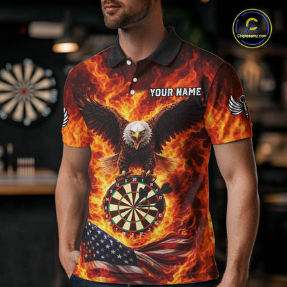 Personalized Eagle US Flag Fire Flame Dartboard Men Darts Polo Shirt Custom Darts Team Jersey|Red NYN2584
