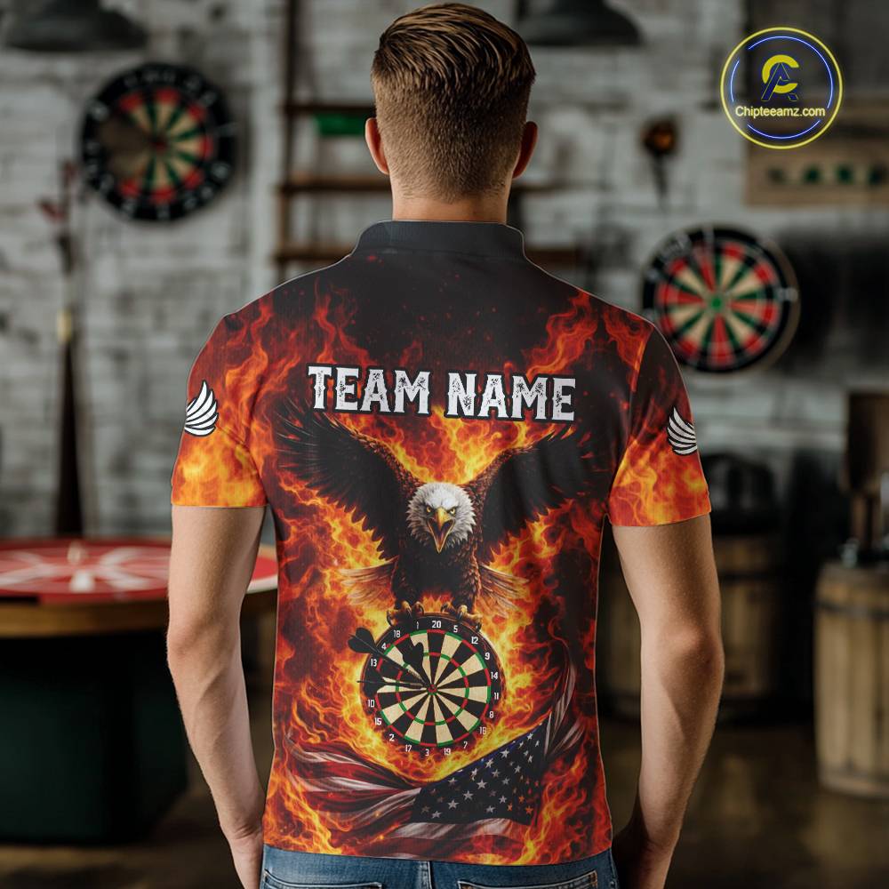 Personalized Eagle US Flag Fire Flame Dartboard Men Darts Polo Shirt Custom Darts Team Jersey|Red NYN2584