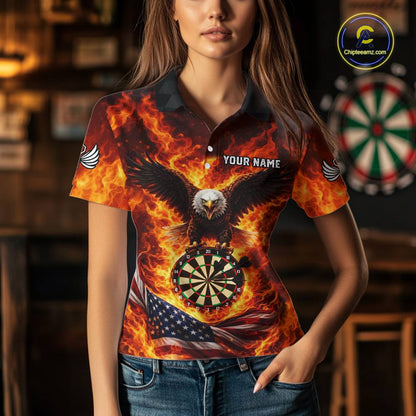 Personalized Eagle US Flag Fire Flame Dartboard Women Darts Polo Shirt Custom Darts Team Jersey|Red NYN2584