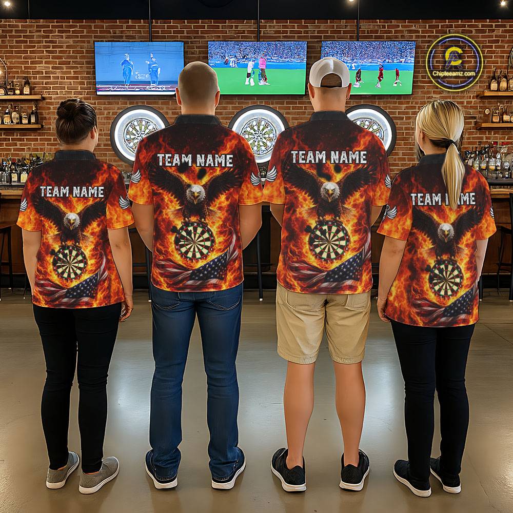 Personalized Eagle US Flag Fire Flame Dartboard Men Darts Polo Shirt Custom Darts Team Jersey|Red NYN2584