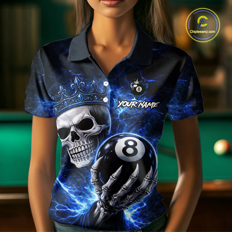 Blue Crown Skull Holding Thunder Pool 8 Ball Billiard Shirt For Women Custom Billiard Team Attire NYN2602