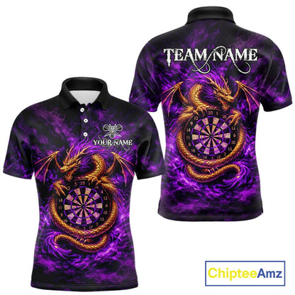 Gold Horror Dragon Hold Dartboard Men Darts Polo Shirt Custom Purple Grunge Darts Team Jersey NYN2609