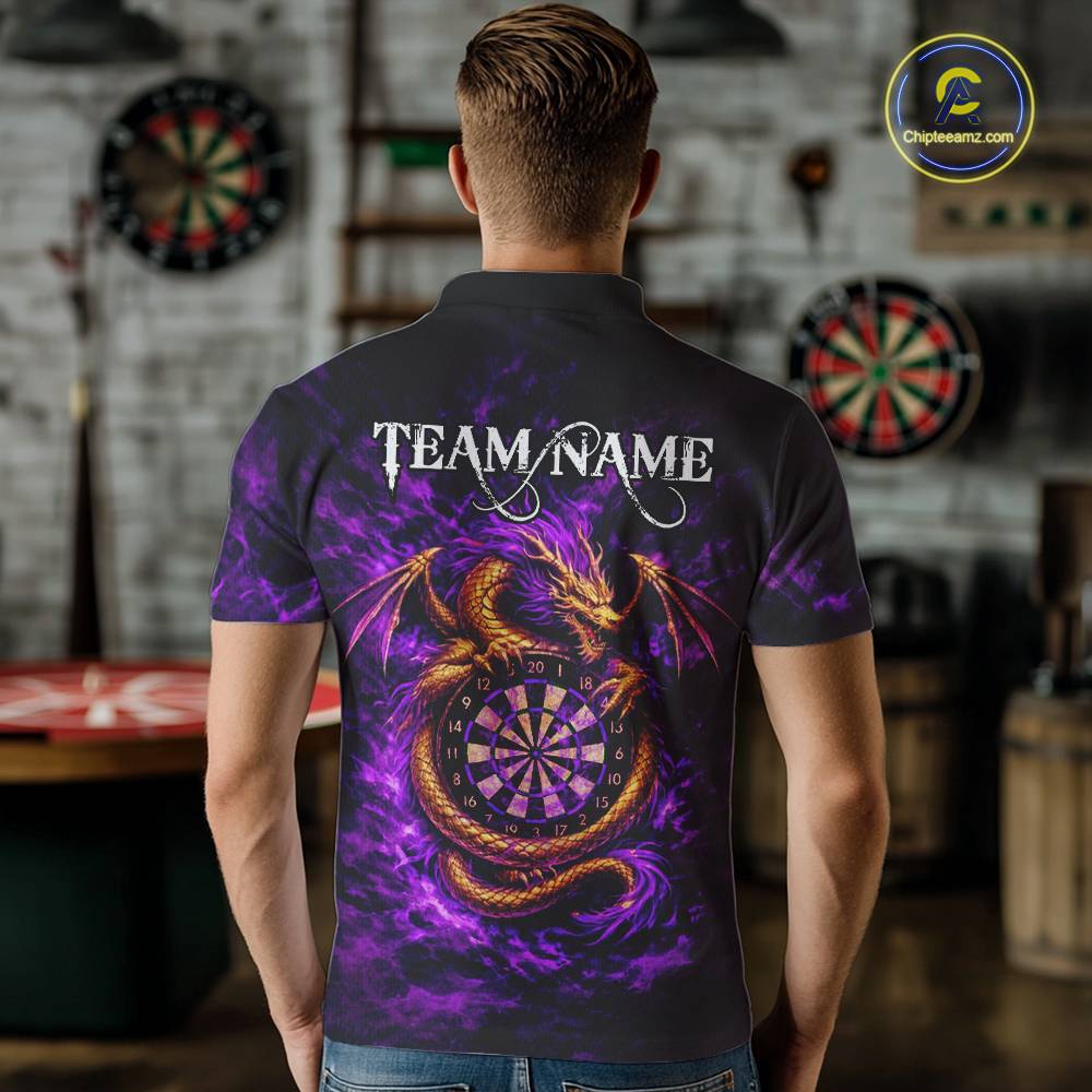 Gold Horror Dragon Hold Dartboard Men Darts Polo Shirt Custom Purple Grunge Darts Team Jersey NYN2609
