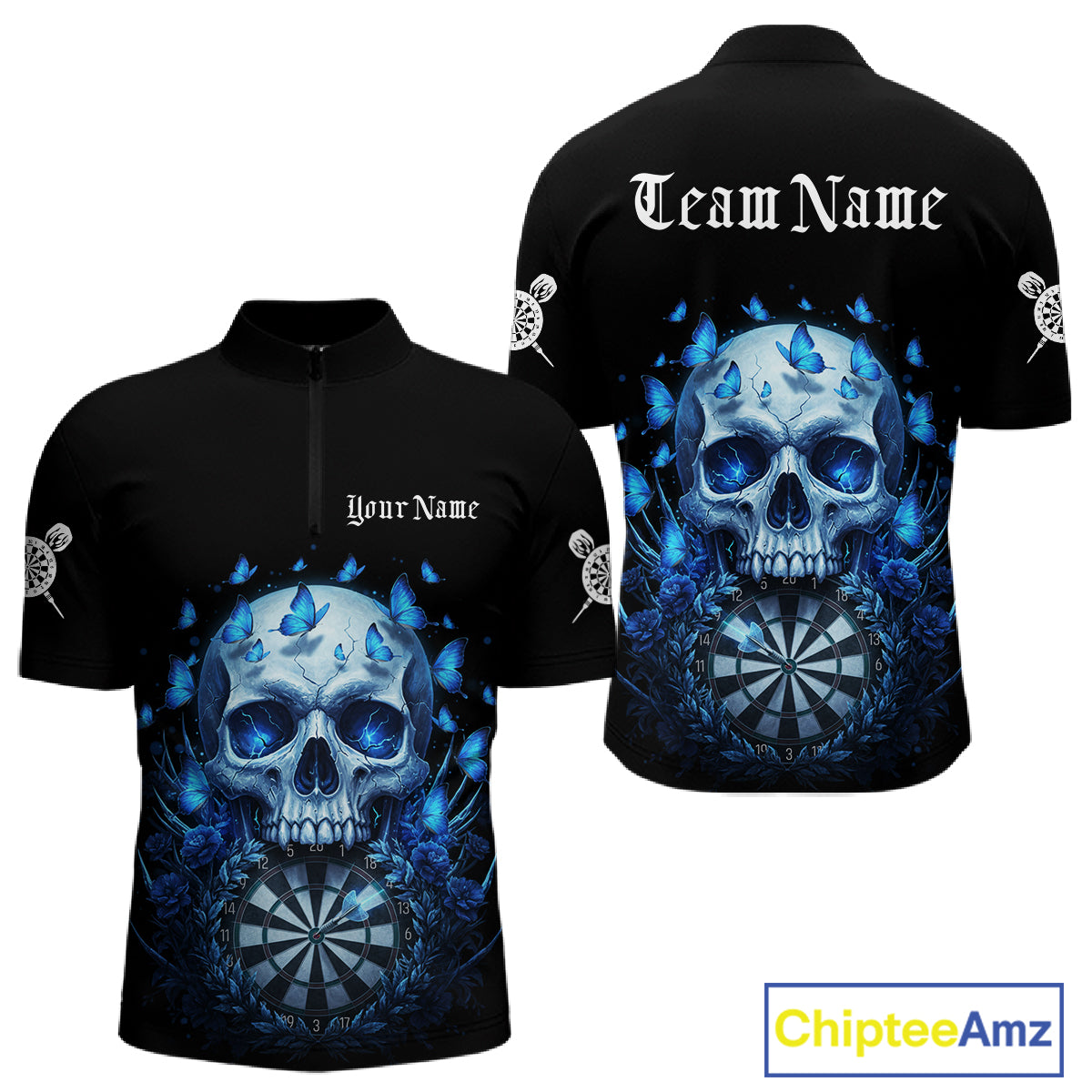 Custom Blue Butterflies Skull Head Flowers Dartboard Men Darts Quarter-Zip Shirt, Dart Jerseys NYN1839