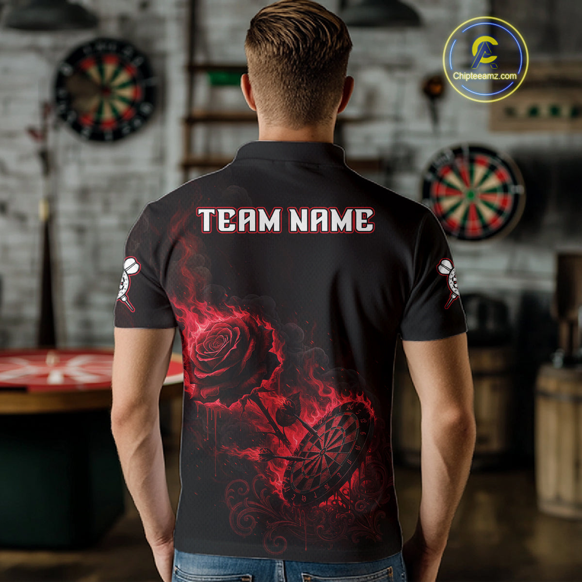 Custom Black And Red Flames Roses Dartboard Men Darts Polo Shirt, Dart Team Jerseys NYN1845