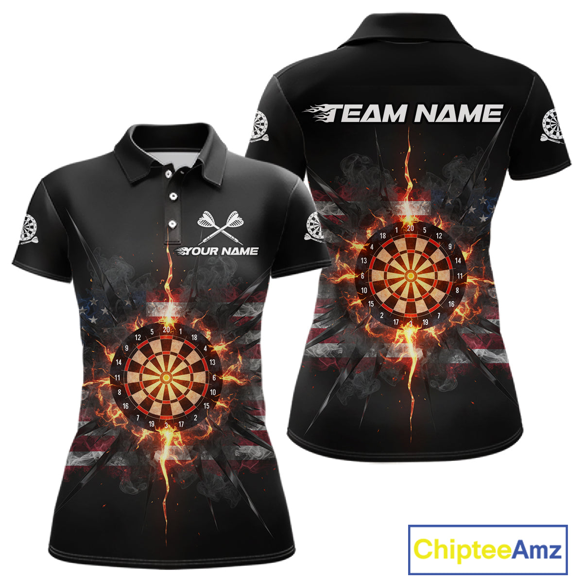 Smoke US Flag Fire Flame Dartboard Custom Women Darts Polo Shirt Patriotic Dart Jerseys NYN1859