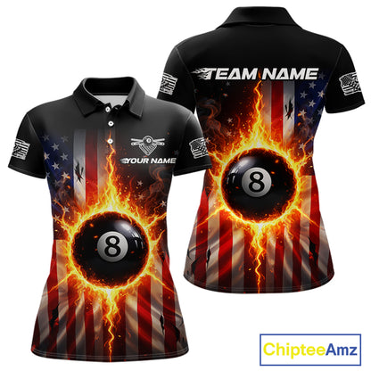 Flame 8 Ball Pool Women Billiard Polo & 1/4-Zip Shirt Custom US Flag Billiard Team Jersey NYN2372