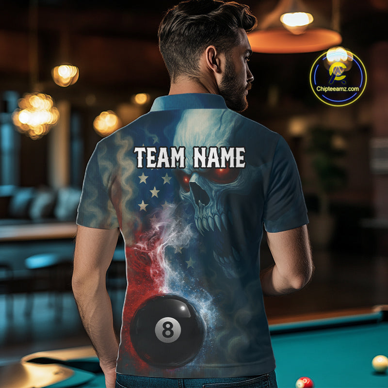 US Flag Smoke 8 Ball Men Billiard Polo & 1/4-Zip Shirt Custom Skull Pool Billiard Team Apparel NYN2383