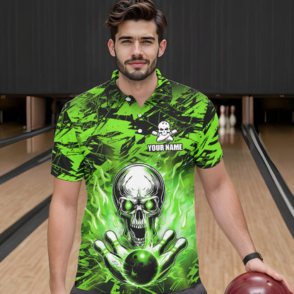 Personalized Green Flame Skull Bowling Jersey Camo Polo Bowling Team Shirt QZT670