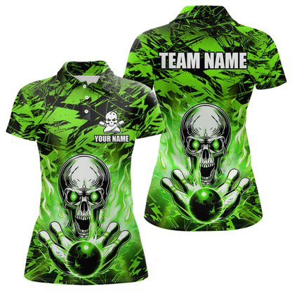 Personalized Green Flame Skull Bowling Jersey Camo Polo Bowling Team Shirt QZT670