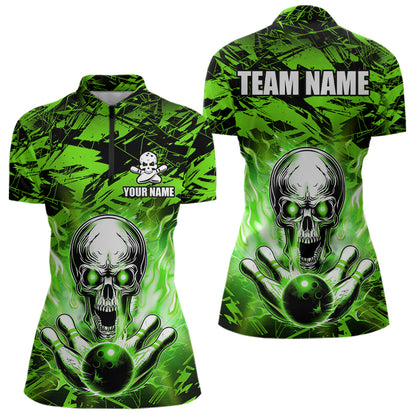 Personalized Green Flame Skull Bowling Jersey Camo Quarter-Zip Bowling Team Shirt QZT670