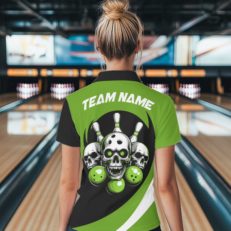 Custom Green Skull Bowling Shirt Polo Bowling Jersey for Men Women Bowling Outfit QZT671